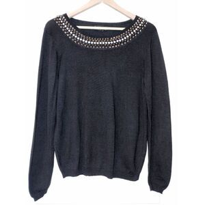 Women's iJeans by Buffalo Black Pull-Over Sweater with Beaded Neckline (Size Lg)